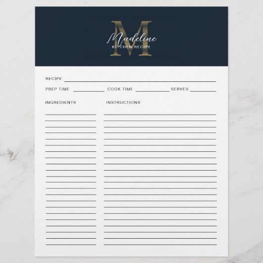 Script Navy Blue Metallic Gold Monogram Recipe (Voorkant)