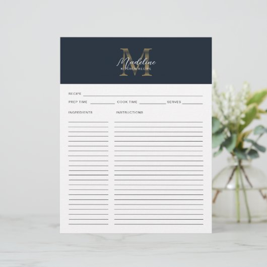 Script Navy Blue Metallic Gold Monogram Recipe (Staand voorkant)