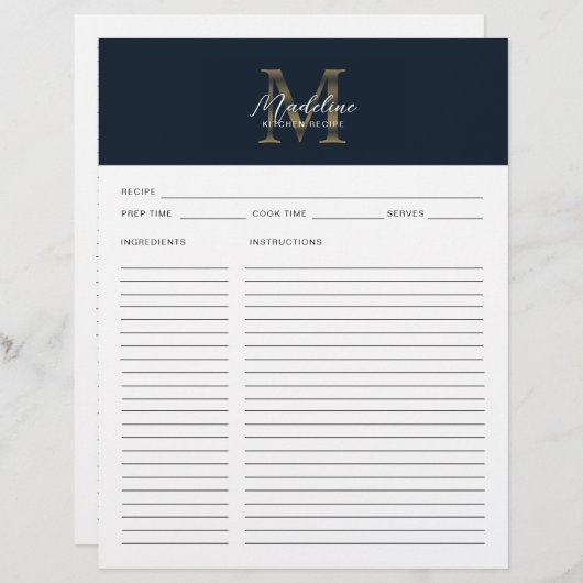 Script Navy Blue Metallic Gold Monogram Recipe (Voorkant / Achterkant)