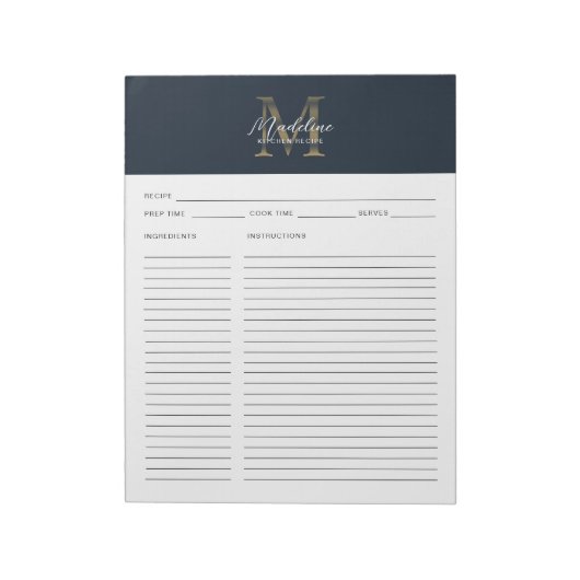 Script Navy Blue Metallic Gold Monogram Recipe Notitieblok (Gedraaid)