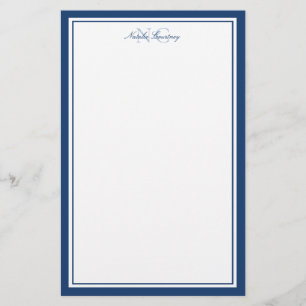 Script Navyblauw Twee Rand Monogram Verticaal Briefpapier