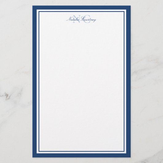 Script Navyblauw Twee Rand Monogram Verticaal Briefpapier (Voorkant)