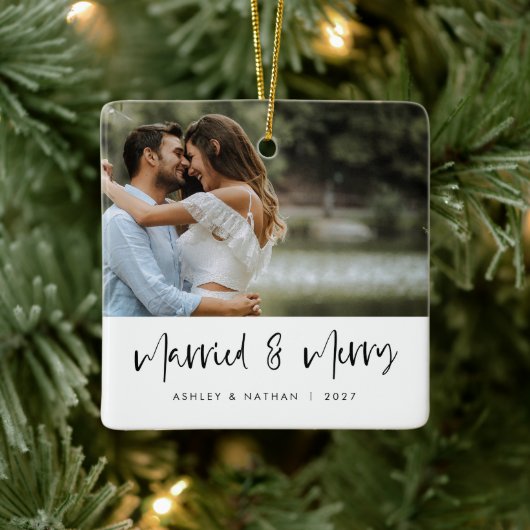 Script noir marié et joyeux ornement photo blanc (Arbre)