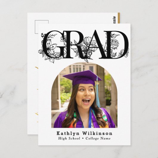 Script noir moderne Floral Graduation Invitation (Devant / Derrière)