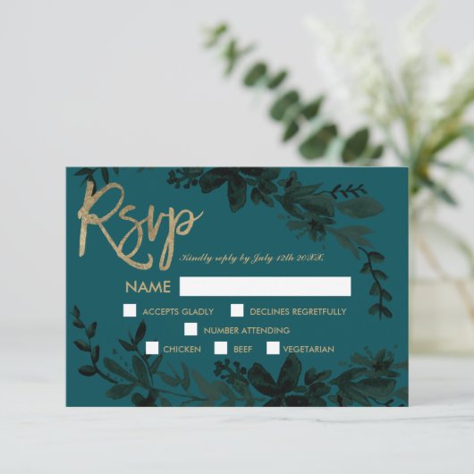 Script or chic Floral vert foncé rsvp mariage (Debout devant)