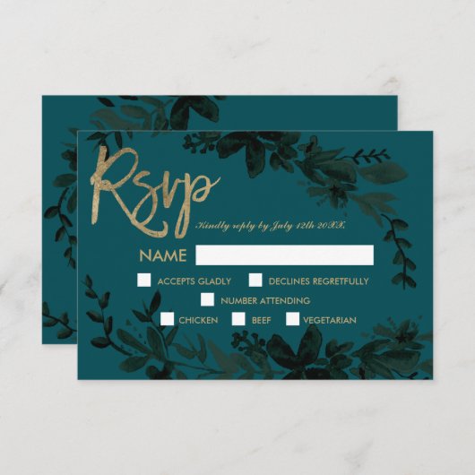Script or chic Floral vert foncé rsvp mariage (Devant / Derrière)
