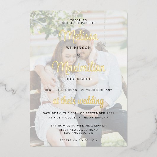 Script or moderne 2 photos Invitation feuille mari (Recto)