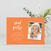 Script Oranje en Blue Photo Graduparty Kaart (Staand voorkant)