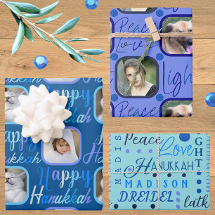 Script Pattern Blue op Blue 4 Photo Hanukkah Inpakpapier Vel