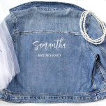 Script personnalisé, Fête de la mariée, Femme de m<br><div class="desc">Obtenez votre femme de ménage, bonne d'honneur, et le reste de votre fête de mariage une veste de mariée denim jean personnalisée, et ont de merveilleux souvenirs avec une belle douche nuptiale et des photos de jour de mariage! Conception personnalisée avec la possibilité d'ajouter leur nom, et sous le titre...</div>