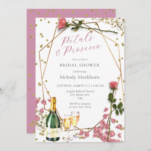 Script Petals en Prosecco Pioen Roze Kaart (Voorkant / Achterkant)