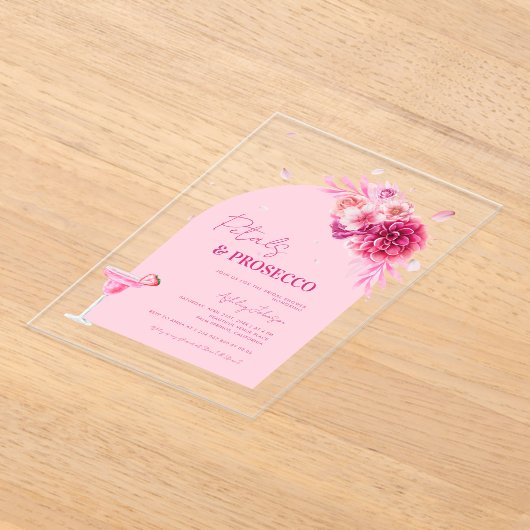 Script Petals & Prosecco Roze Bloemen Vrijgezellen Acryl Uitnodigingen (Laagn)