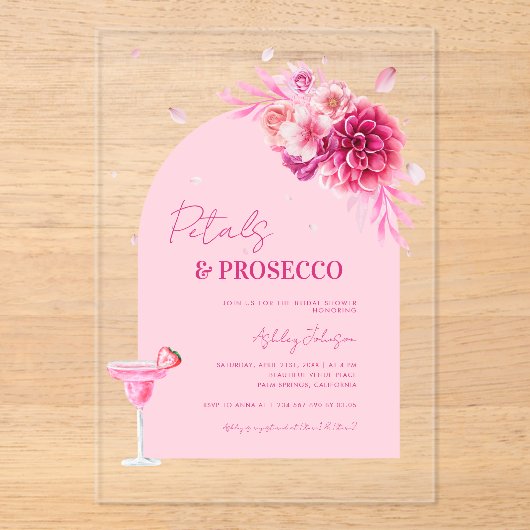Script Petals & Prosecco Roze Bloemen Vrijgezellen Acryl Uitnodigingen (Voorkant)