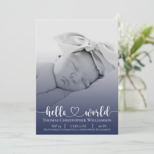Script photo moderne simple bébé garçon faire-part (Debout devant)