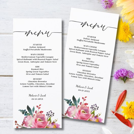 Script Pink Floral Wedding Menu