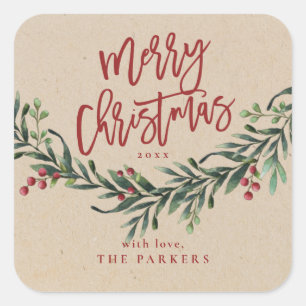 Script Prettig Kerstfeest Groene Tak Vierkante Sticker