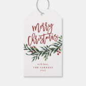 Script prettig kerstfeest tak met bessen cadeaulabel (Voorkant)