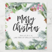 Script Prettig Kerstfeest Waterverf Groenbladeren Wijn Etiket (Enkel label)