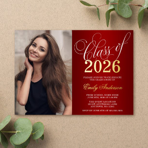 Script Red 2025 Photo Graduation Party Gold Folie Uitnodiging