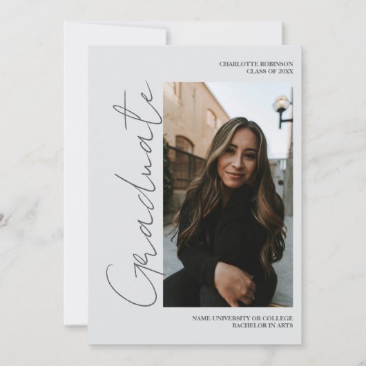 Script retro gray graduate photo graduation kaart (Voorkant)