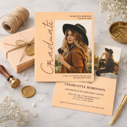 Script retro Light Peach graduate photo graduation Kaart