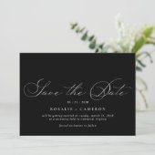 script | Romantisch Moody Bruiloft Zwart Save The Date (Staand voorkant)