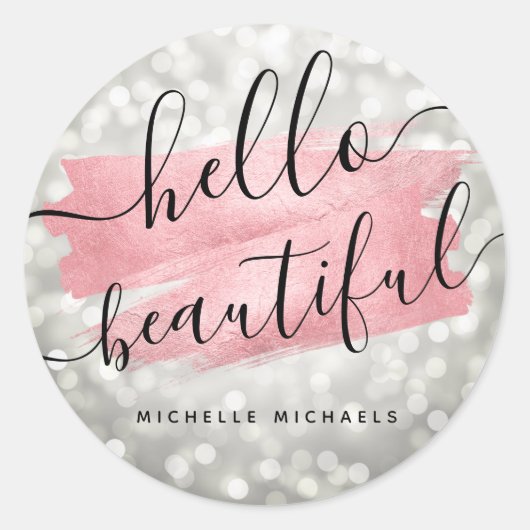 Script Roos Hallo Gold Silver Lights "Mooi" Ronde Sticker (Voorkant)