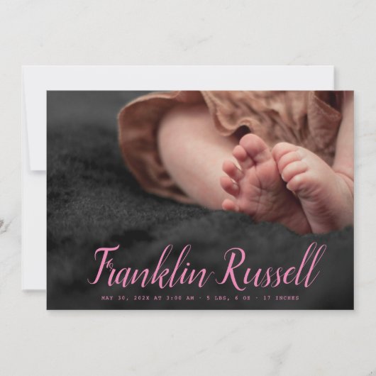 SCRIPT rose Nom garçon Baby Faire-part de naissanc (Devant)