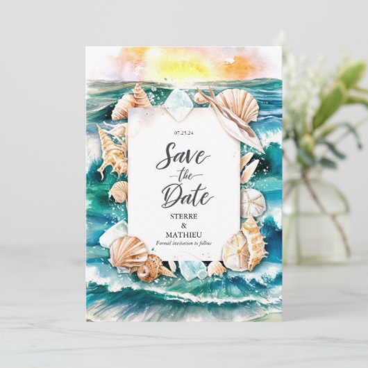 Script Rustiek Strand Bruiloft Save The Date (Staand voorkant)