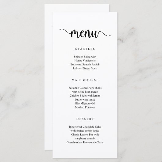 Script rustique moderne noir, Menu Dîner Mariage (Devant / Derrière)