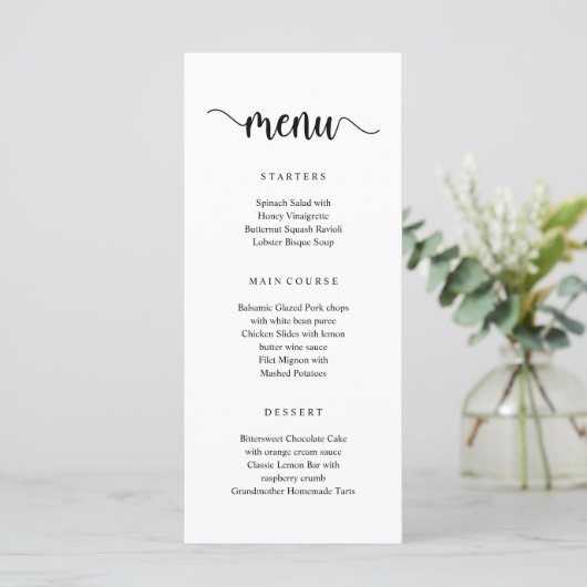 Script rustique moderne noir, Menu Dîner Mariage (Debout devant)