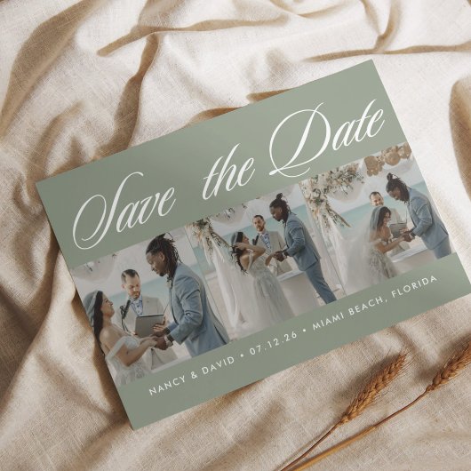 Script Sage Green foto collage strand bruiloft Save The Date