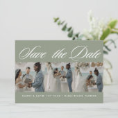 Script Sage Green foto collage strand bruiloft Save The Date (Staand voorkant)