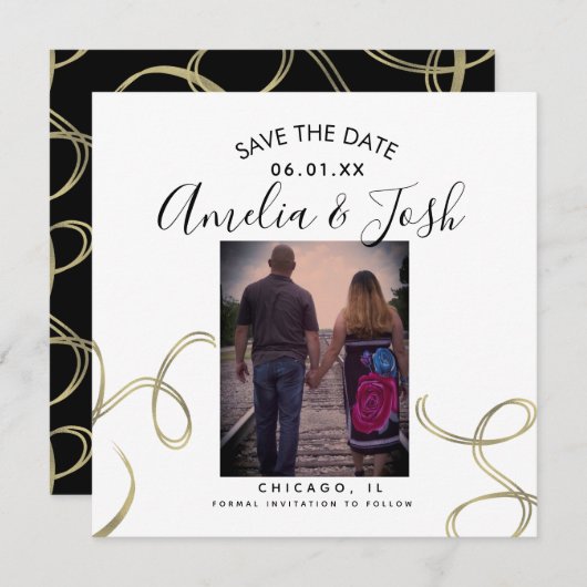 Script Save the Date Foto Faux Swirl Zwart Wit Kaart (Voorkant / Achterkant)