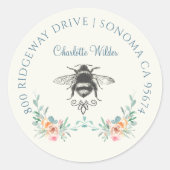 Script Signature Personalized Bee Floral Ronde Sticker (Voorkant)