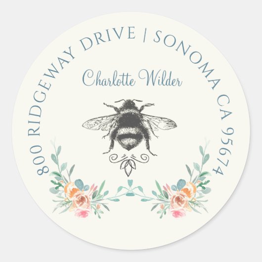 Script Signature Personalized Bee Floral  Ronde Sticker (Voorkant)