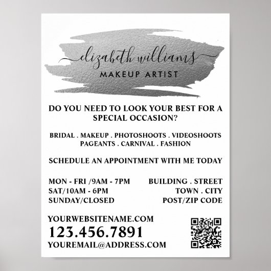 Script Silver Foil Brushstroke Makeup Artist Poster (Voorkant)