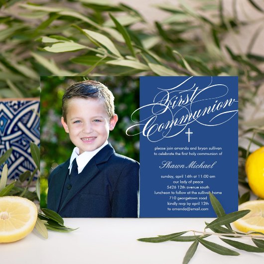 Script stylish First Communion Invitation - Bleu