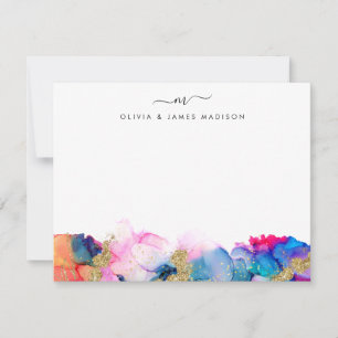 Script Swash Monogram Couple Rainbow Alcohol Ink Notitiekaartje