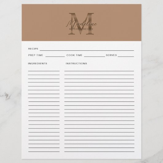 Script Taupe Metallic Goud Monogram Recept (Voorkant)