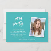 Script Turquoise en Blue Photo Graduparty Kaart (Voorkant)