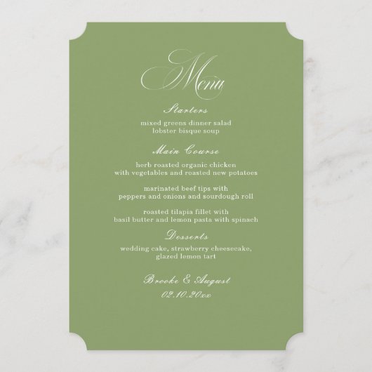 Script Typography Sage Green Wedding Menu Card Kaart (Voorkant)