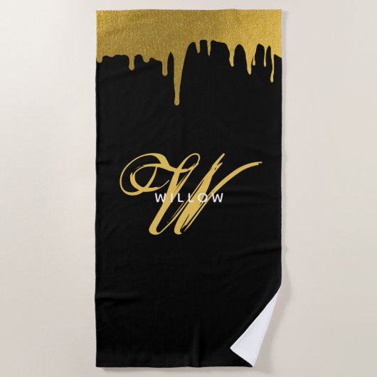  script voor modern zwart-wit en goudmonogram strandlaken (Voorkant)