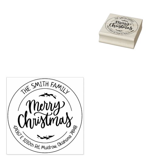 Script Vrolijk kerstfeest, familie retour adres Rubberstempel (Gestempeld)