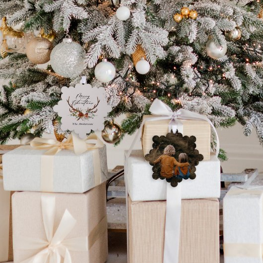 script vrolijk kerstfeest rustiek hert 1 foto ornament kaart