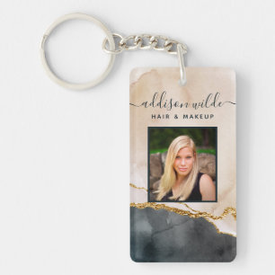 Script Watercolor Roze Zwart Goud Marmer Salon ID Sleutelhanger