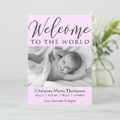 Script Welkom bij de wereld roze polka dot foto Aankondiging (Staand voorkant)