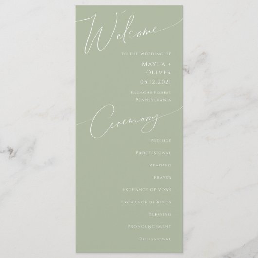 Script Whimsical | Programme de mariage vert Sage (Devant)