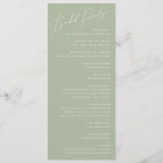 Script Whimsical | Programme de mariage vert Sage (Dos)