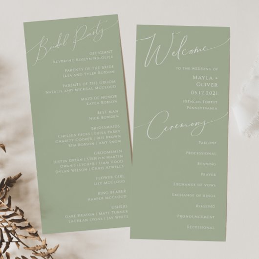 Script Whimsical | Programme de mariage vert Sage